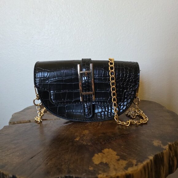 Halston Black Croc Embossed Faux Leather Crossbody Bag Gold Chain H Logo - Picture 8 of 14